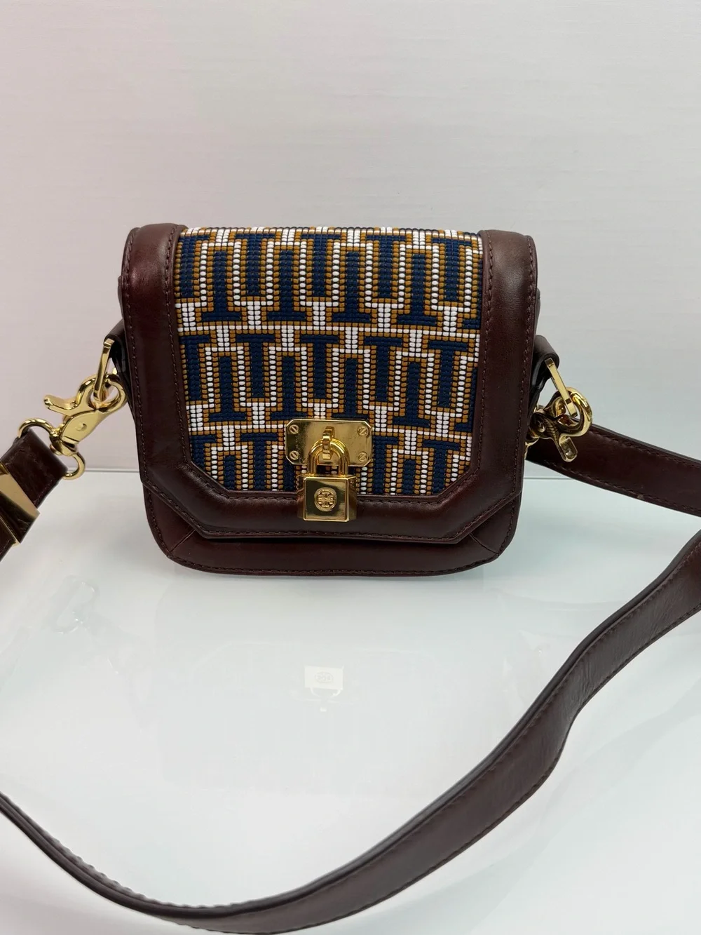 Tory Burch Mini Crossbody Bag Navy Brown Jacquard Lock Gold